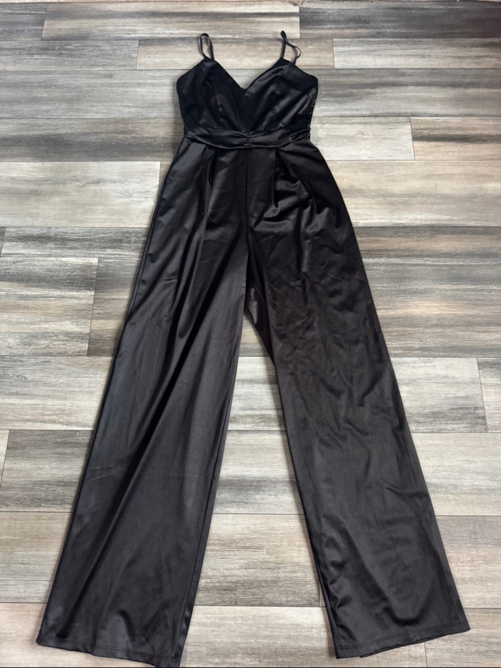 Emerald Sundae Black Satin Wide-Leg Jumpsuit